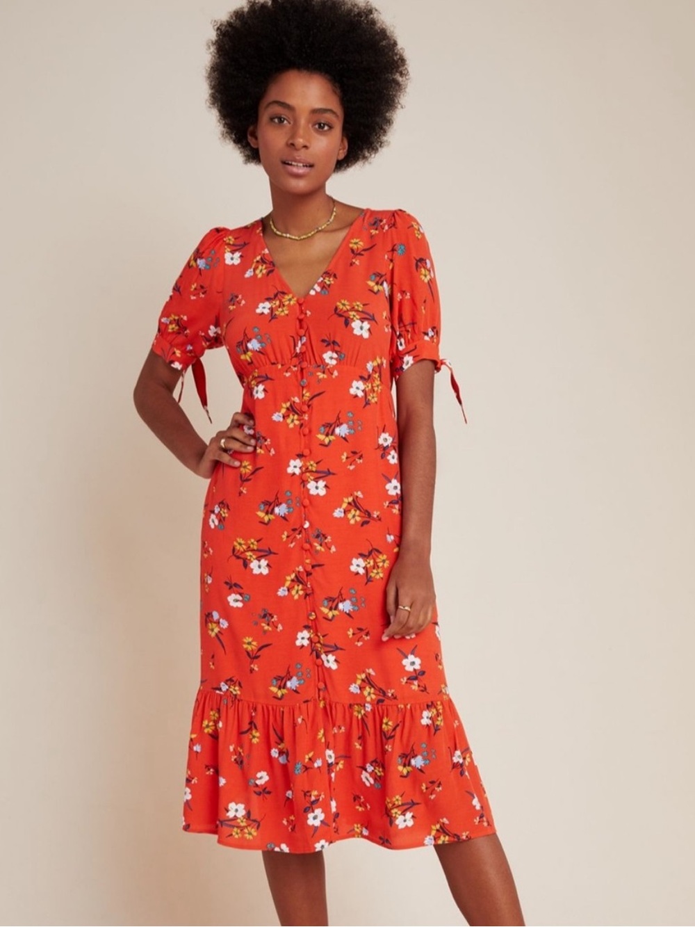 Anthropologie Maeve Eudora Red Orange Floral Midi Dress- Size 0